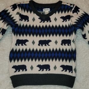 Hatley Cream V-Neck Bear Pattern Sweater with Navy and Blue Accents